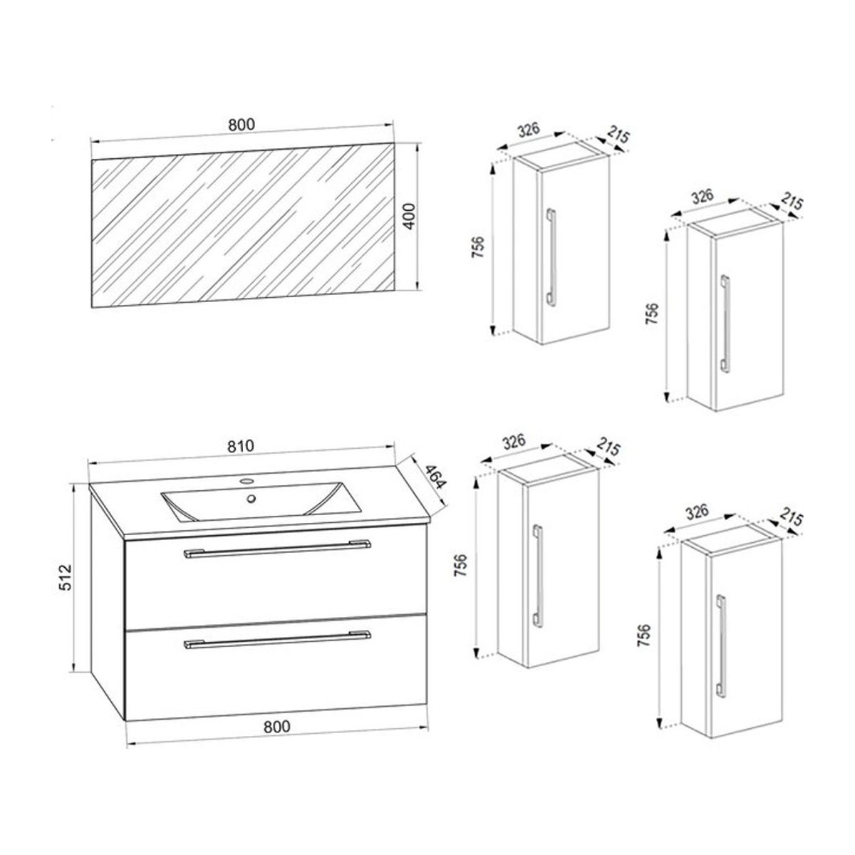VCM Badinos 5-tlg. Badmöbel-Set in Schwarz mit Keramik-Waschbecken und Spiegel, B/H/T: 80 x 150 x 46 cm - Bild 3