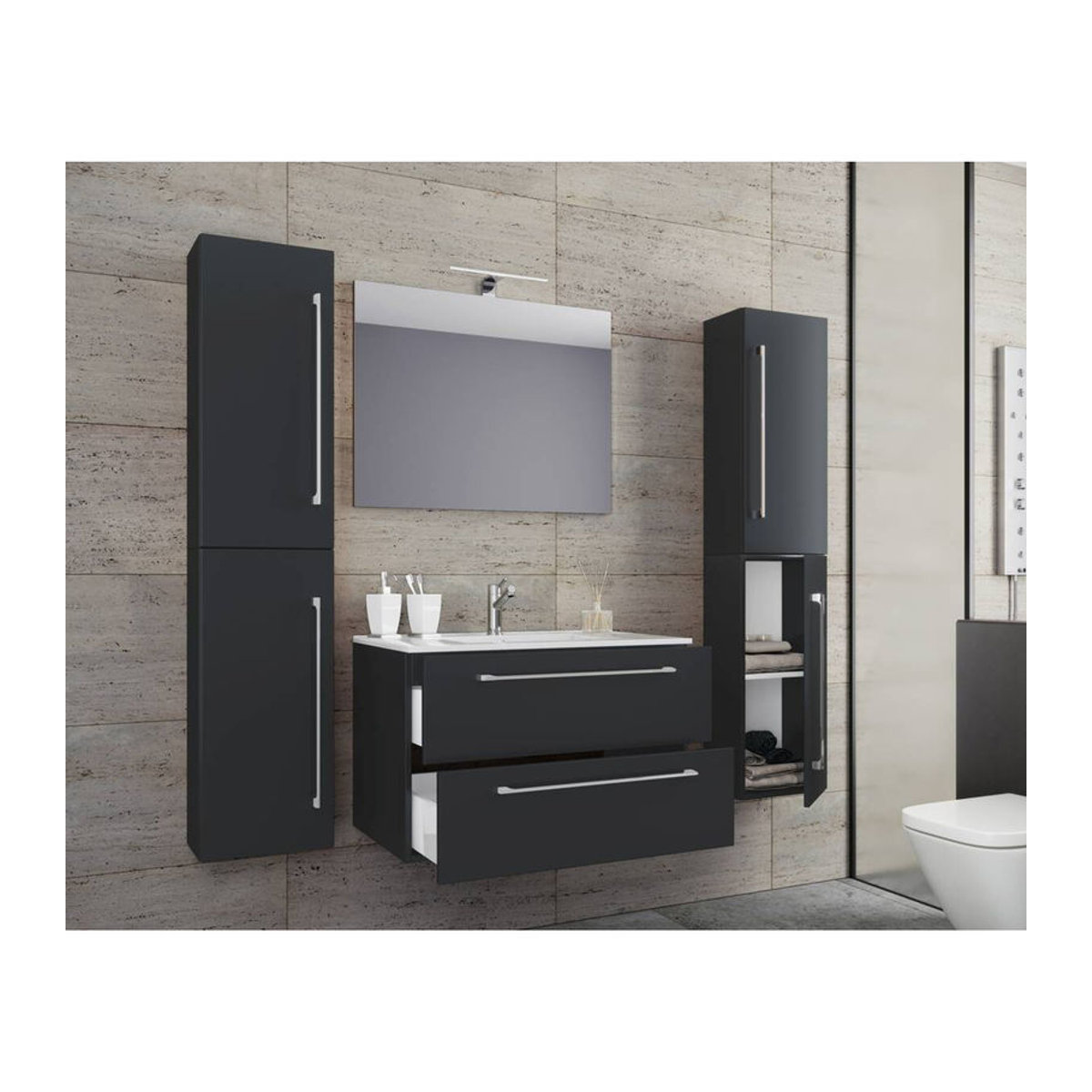 VCM Badinos 5-tlg. Badmöbel-Set in Schwarz mit Keramik-Waschbecken und Spiegel, B/H/T: 80 x 150 x 46 cm - Bild 5