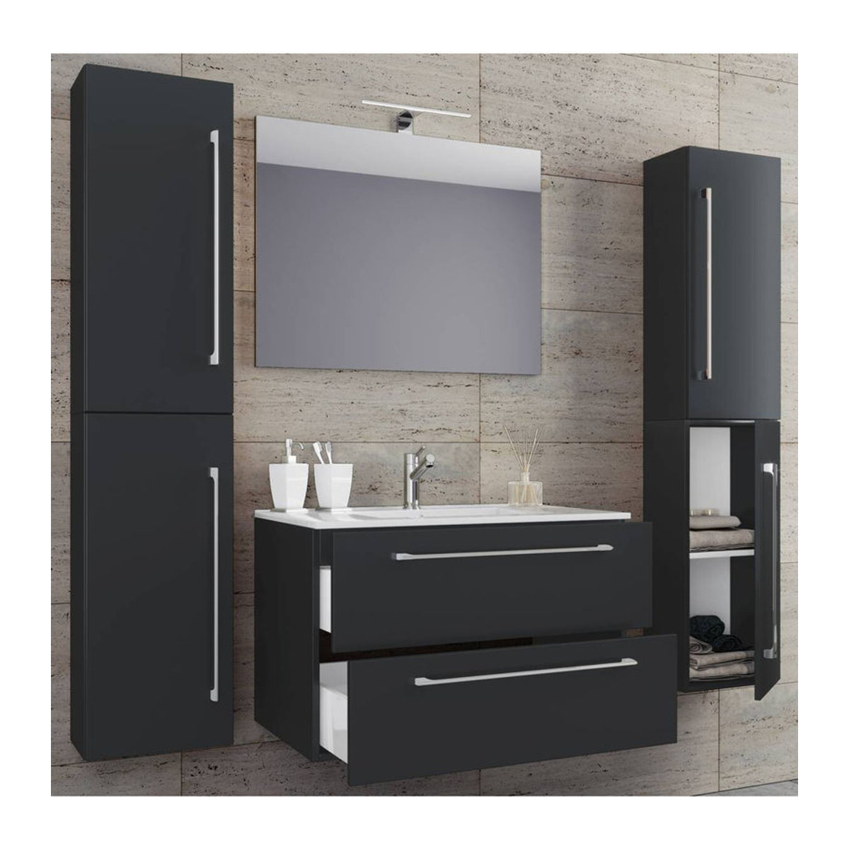 VCM Badinos 5-tlg. Badmöbel-Set in Schwarz mit Keramik-Waschbecken und Spiegel, B/H/T: 80 x 150 x 46 cm - Bild 6