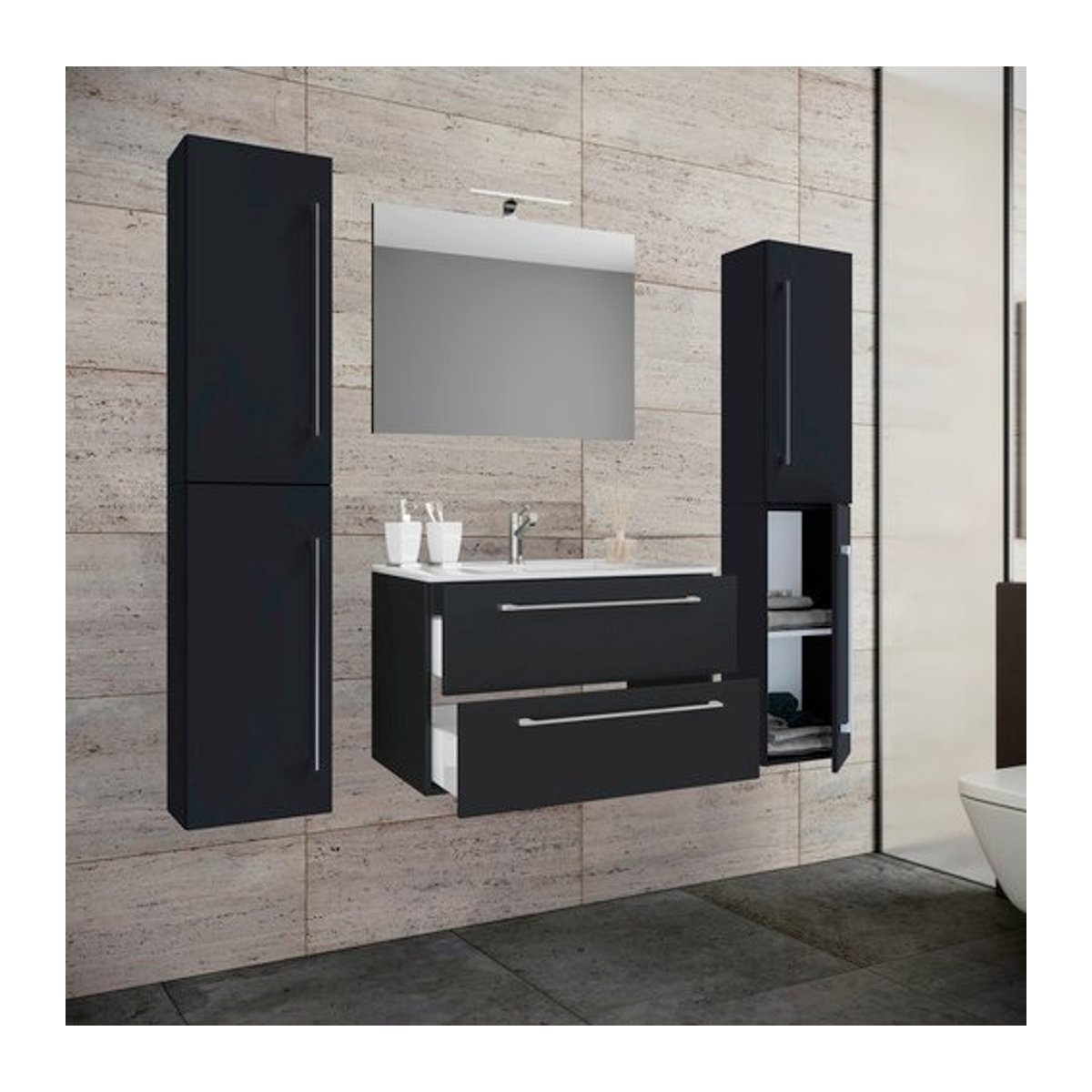 VCM Badinos 5-tlg. Badmöbel-Set in Schwarz mit Waschbecken, Unterschrank und Spiegel, B/H/T: 60 x 50 x 46 cm - Bild 1
