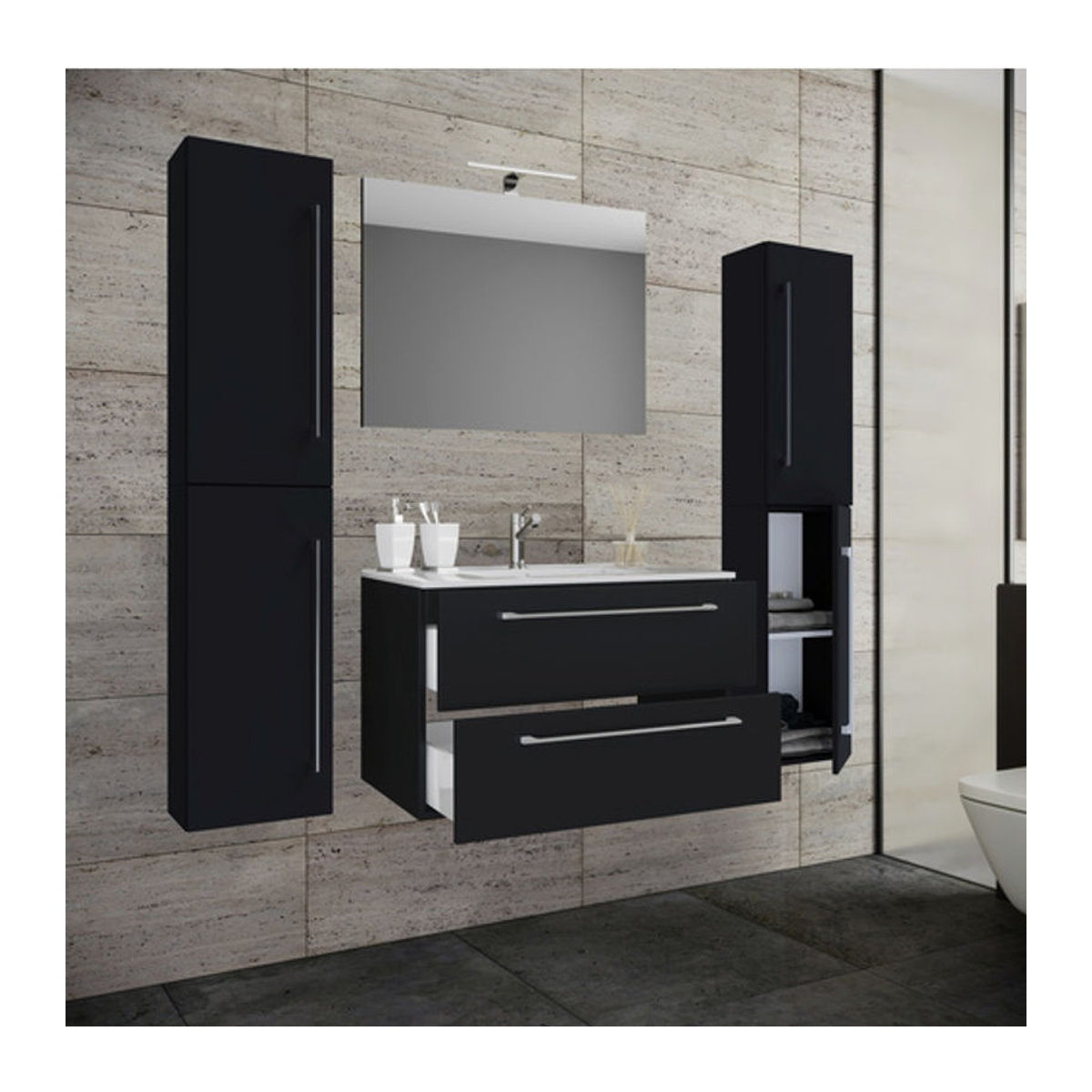 VCM Badinos 5-tlg. Badmöbel-Set in Schwarz mit Waschbecken, Unterschrank und Spiegel, B/H/T: 60 x 50 x 46 cm - Bild 2
