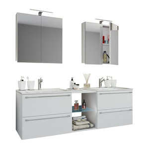 VCM Badinos XXL Badmöbel Set Doppel Waschplatz mit 2 Keramik Waschbecken, 2 Spiegelschränken und Unterschrank Breite: 195 cm