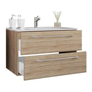 VCM Badmöbel Set Badinos 2-tlg. hängendes Waschplatz Waschtisch mit Keramikwaschbecken und Unterschrank in Weiß und Eiche Natur B/H/T: 60 x 52 x 46,4 cm