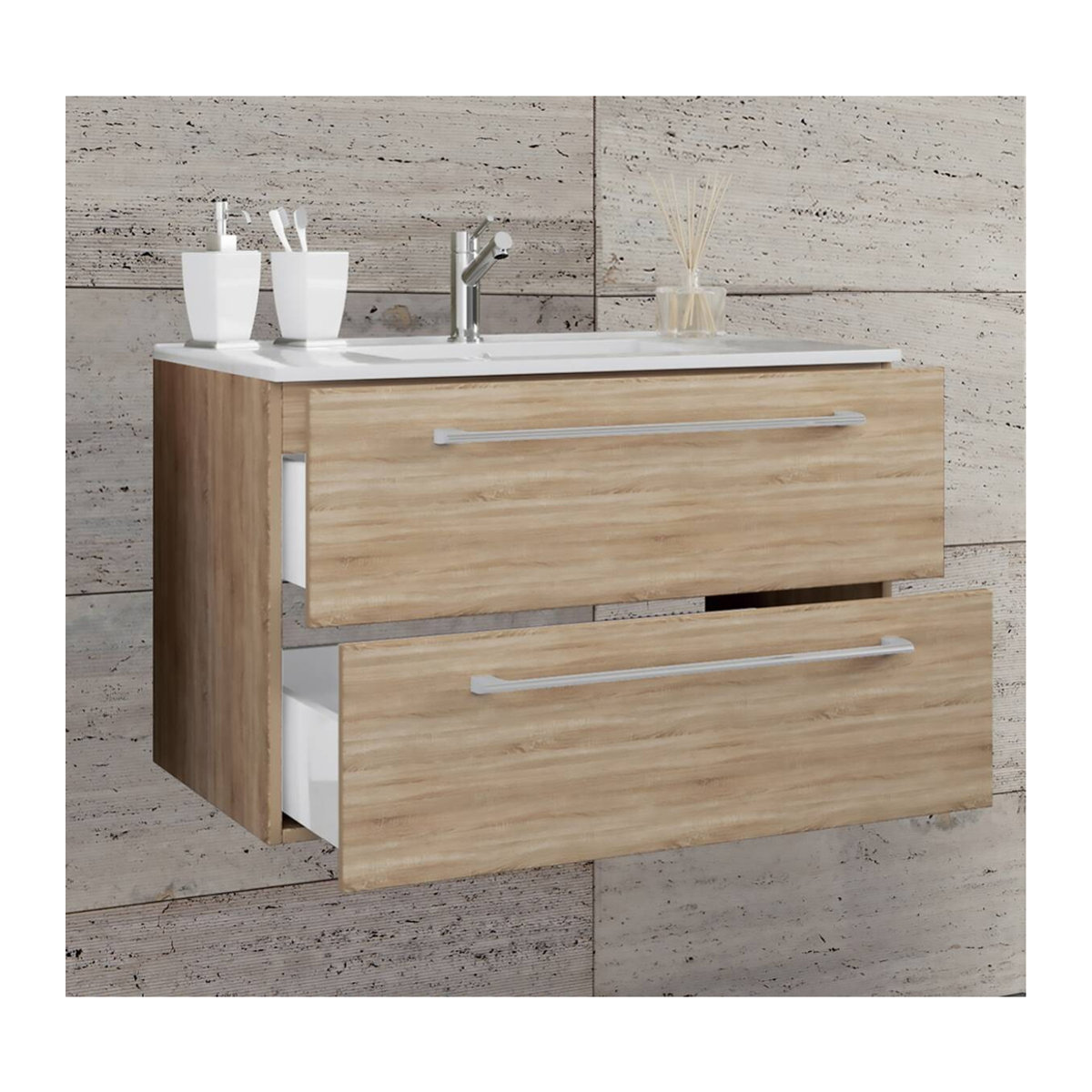 VCM Badmöbel Set Badinos 2-tlg. hängendes Waschplatz Waschtisch mit Keramikwaschbecken und Unterschrank in Weiß und Eiche Natur B/H/T: 60 x 52 x 46,4 cm - Bild 2