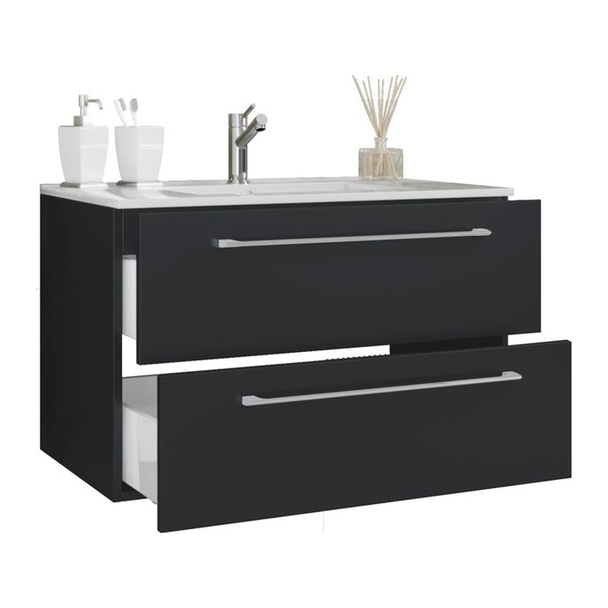 VCM Badmöbel-Set Badinos 2-tlg. Waschplatz mit Keramik-Waschtisch und Unterschrank in Weiß und Schwarz, Wandmontage, B/H/T: 61 x 52 x 46 cm - Bild 1