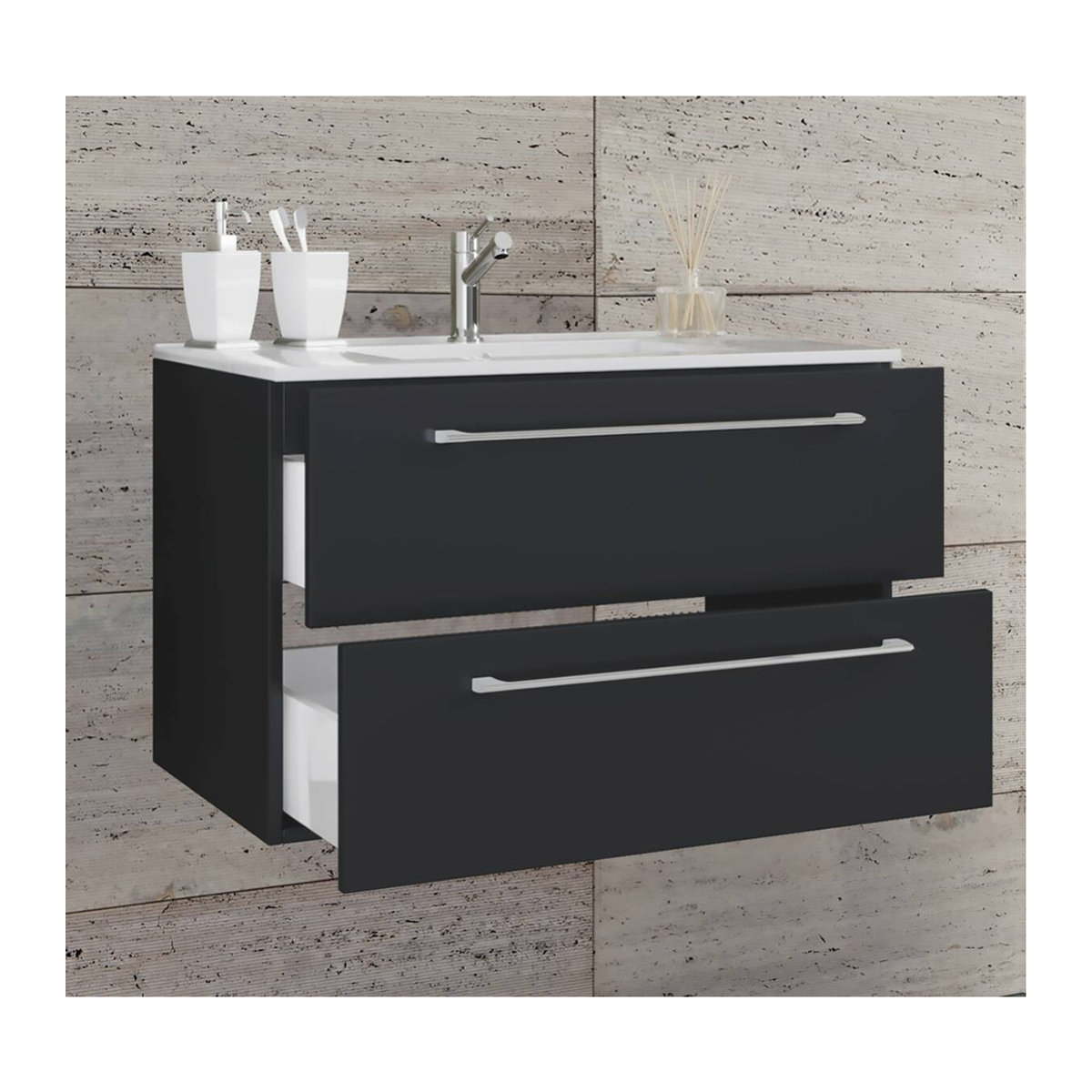 VCM Badmöbel-Set Badinos 2-tlg. Waschplatz mit Keramik-Waschtisch und Unterschrank in Weiß und Schwarz, Wandmontage, B/H/T: 61 x 52 x 46 cm - Bild 2