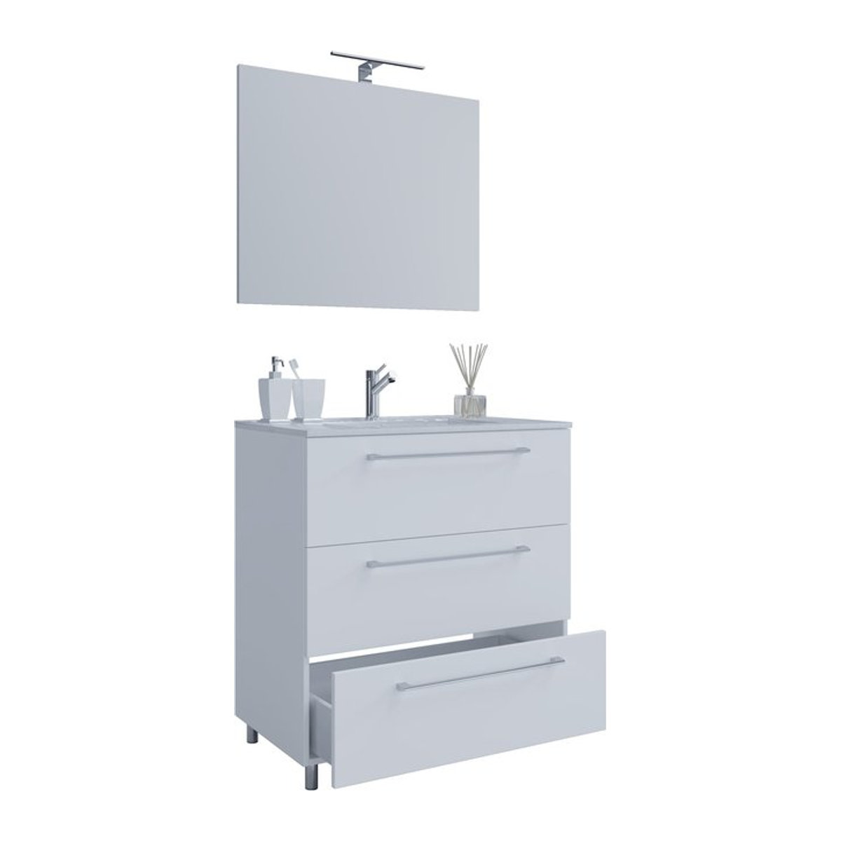 VCM Badmöbel Set Badinos 3-teilig in Weiß mit Waschbecken, Unterschrank mit drei Schubladen und Spiegel, B/H/T: 60 x 86 x 46 cm - Bild 1