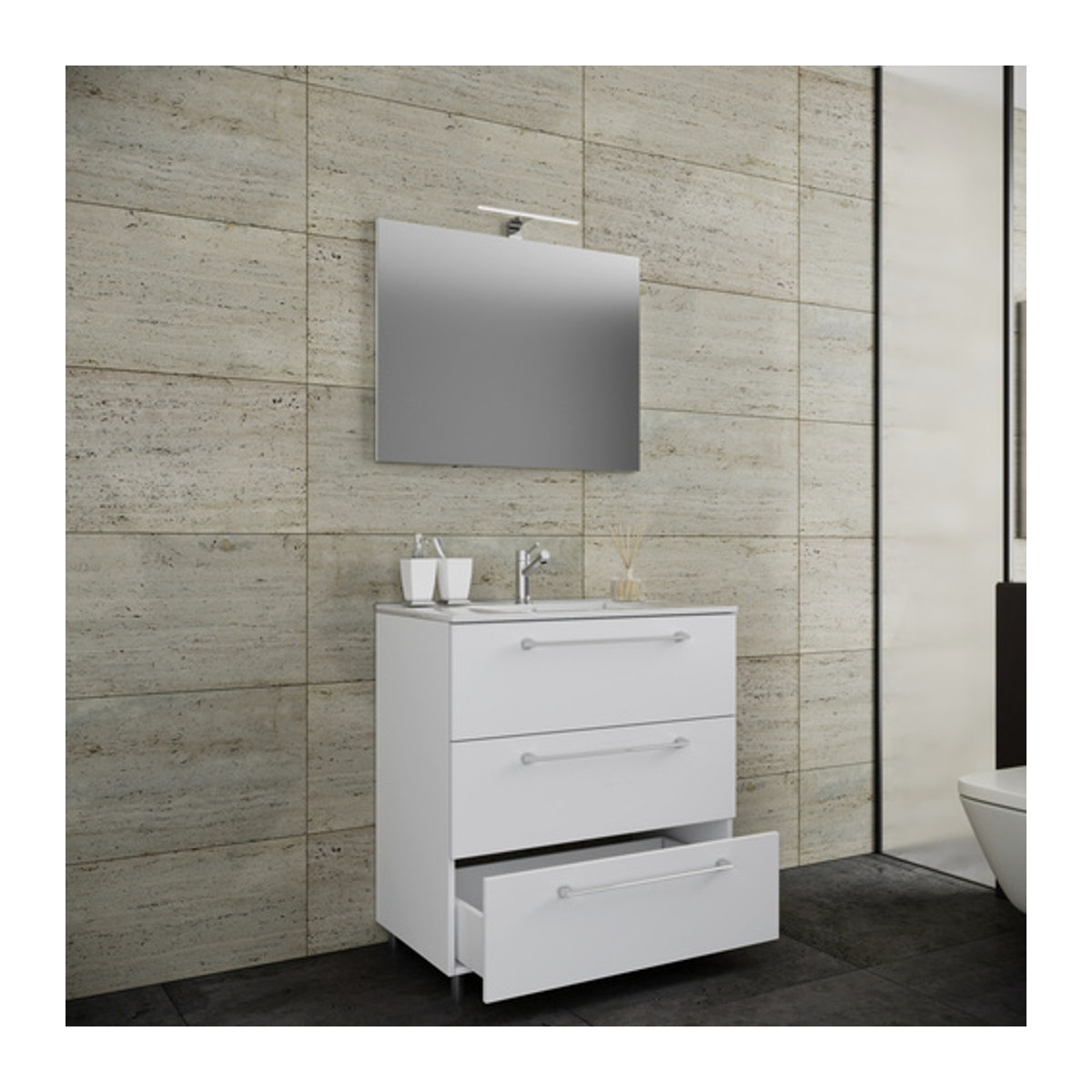 VCM Badmöbel Set Badinos 3-teilig in Weiß mit Waschbecken, Unterschrank mit drei Schubladen und Spiegel, B/H/T: 60 x 86 x 46 cm - Bild 2
