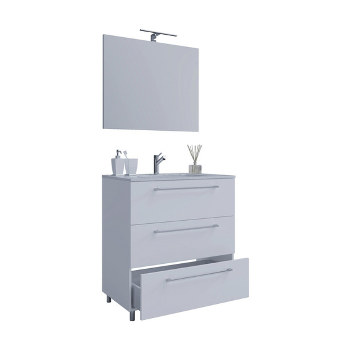VCM Badmöbel Set Badinos 3-teilig in Weiß mit Waschbecken, Unterschrank mit drei Schubladen und Spiegel, B/H/T: 60 x 86 x 46 cm - Bild 3