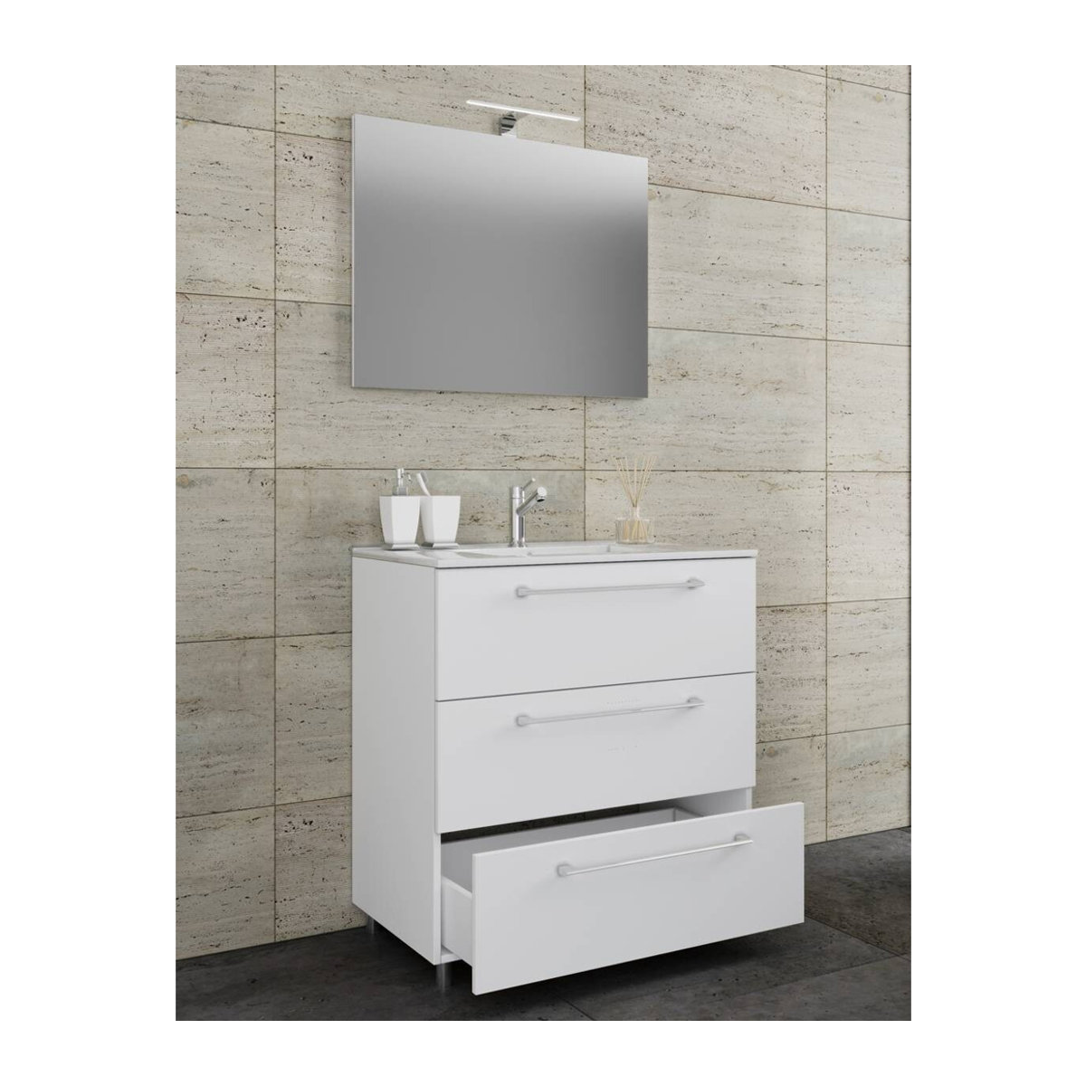 VCM Badmöbel Set Badinos 3-teilig in Weiß mit Waschbecken, Unterschrank mit drei Schubladen und Spiegel, B/H/T: 60 x 86 x 46 cm - Bild 4