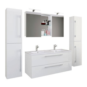 VCM Badmöbel-Set Budasi 5-teilig mit Doppelwaschtisch aus Keramik in Weiß für moderne Wandmontage
