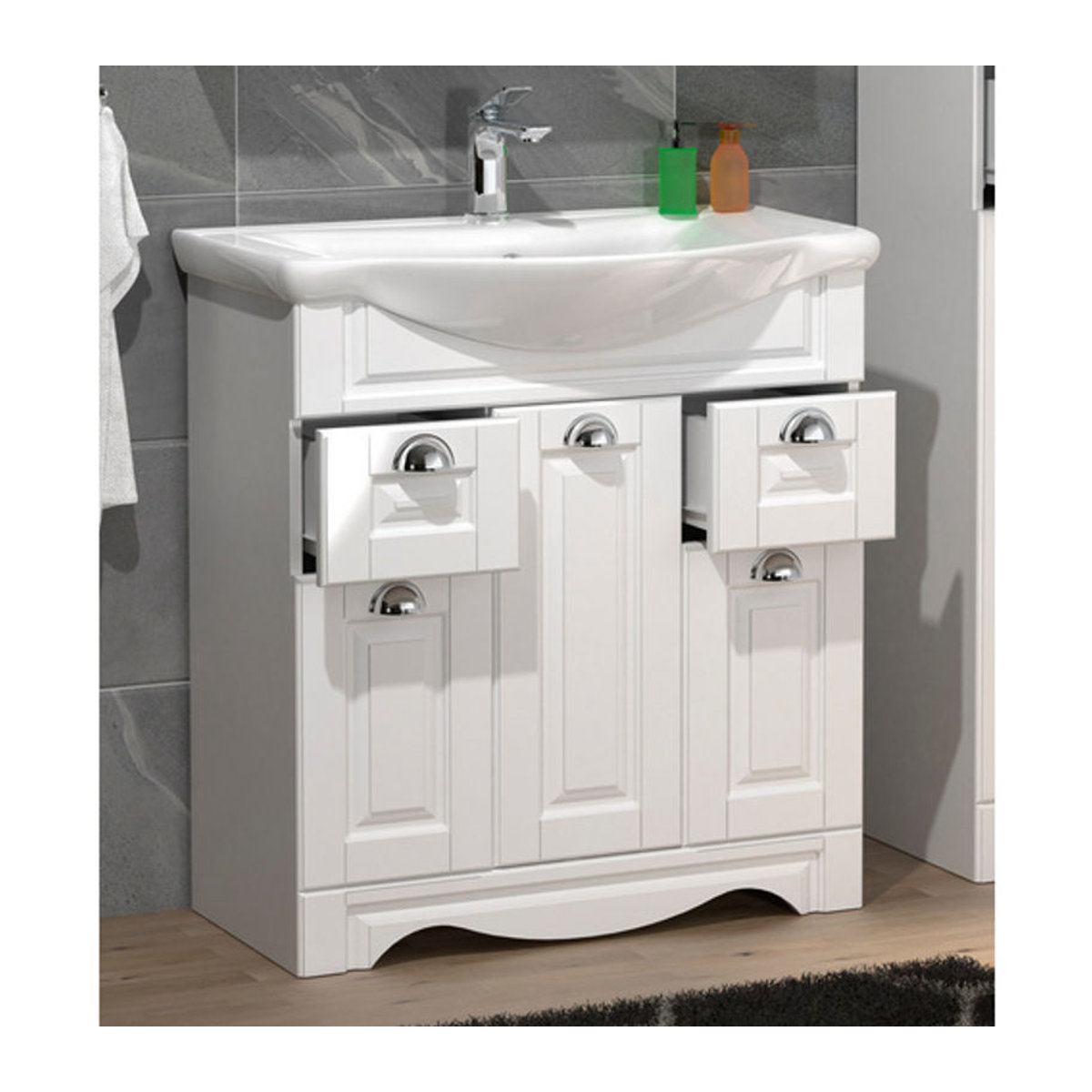 VCM Badmöbel-Set Casalo XL in Weiß mit Waschbecken und Unterschrank im Landhaus-Stil, B/H/T: 75 x 81 x 45 cm - Bild 3