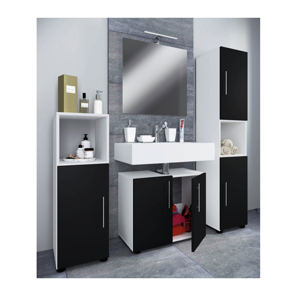 VCM Badmöbel-Set Flandu 4-teilig in Schwarz/Weiß mit Spiegel B/H/T: 60 x 160 x 30 cm - Bild 1