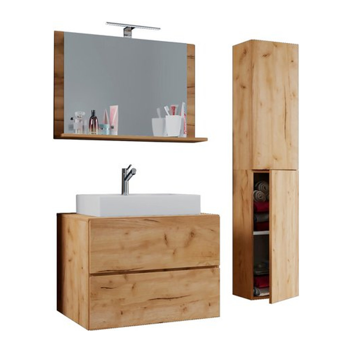 VCM Badmöbel-Set Lendas 4-teilig in Beige und Eiche Natur mit Keramik-Waschbecken, Modernes Landhaus-Design, B/H/T: 60 x 52 x 52 cm - Bild 1