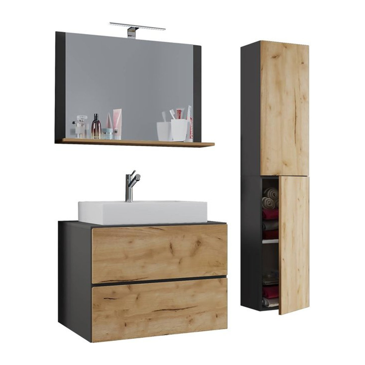 VCM Badmöbel Set Lendas 4-tlg. Waschplatz mit Waschtisch, Unterschrank und Spiegel in Anthrazit, Eiche Honig Nachbildung und Weiß, B/H/T: 60 x 52 x 52 cm - Bild 2