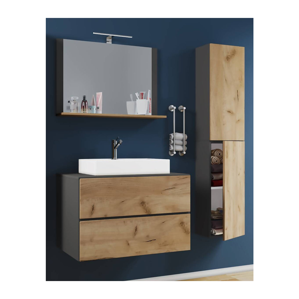 VCM Badmöbel Set Lendas 4-tlg. Waschplatz mit Waschtisch, Unterschrank und Spiegel in Anthrazit, Eiche Honig Nachbildung und Weiß, B/H/T: 60 x 52 x 52 cm - Bild 3