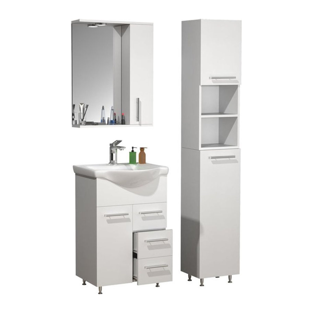 VCM Badmöbel-Set Lisalo L in Weiß, 4-tlg. modernes Komplettset mit Keramik-Waschbecken, Unterschrank Breite: 55 cm, Hochschrank und Spiegelschrank, freistehend - Bild 1