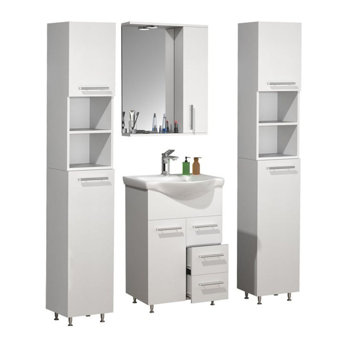 VCM Badmöbel Set Lisalo L in Weiß, 5-teiliges Komplettset mit Keramik-Waschbecken, Waschtischunterschrank Breite: 55 cm, 2x Hochschrank und Spiegelschrank, modern und freistehend - Bild 1
