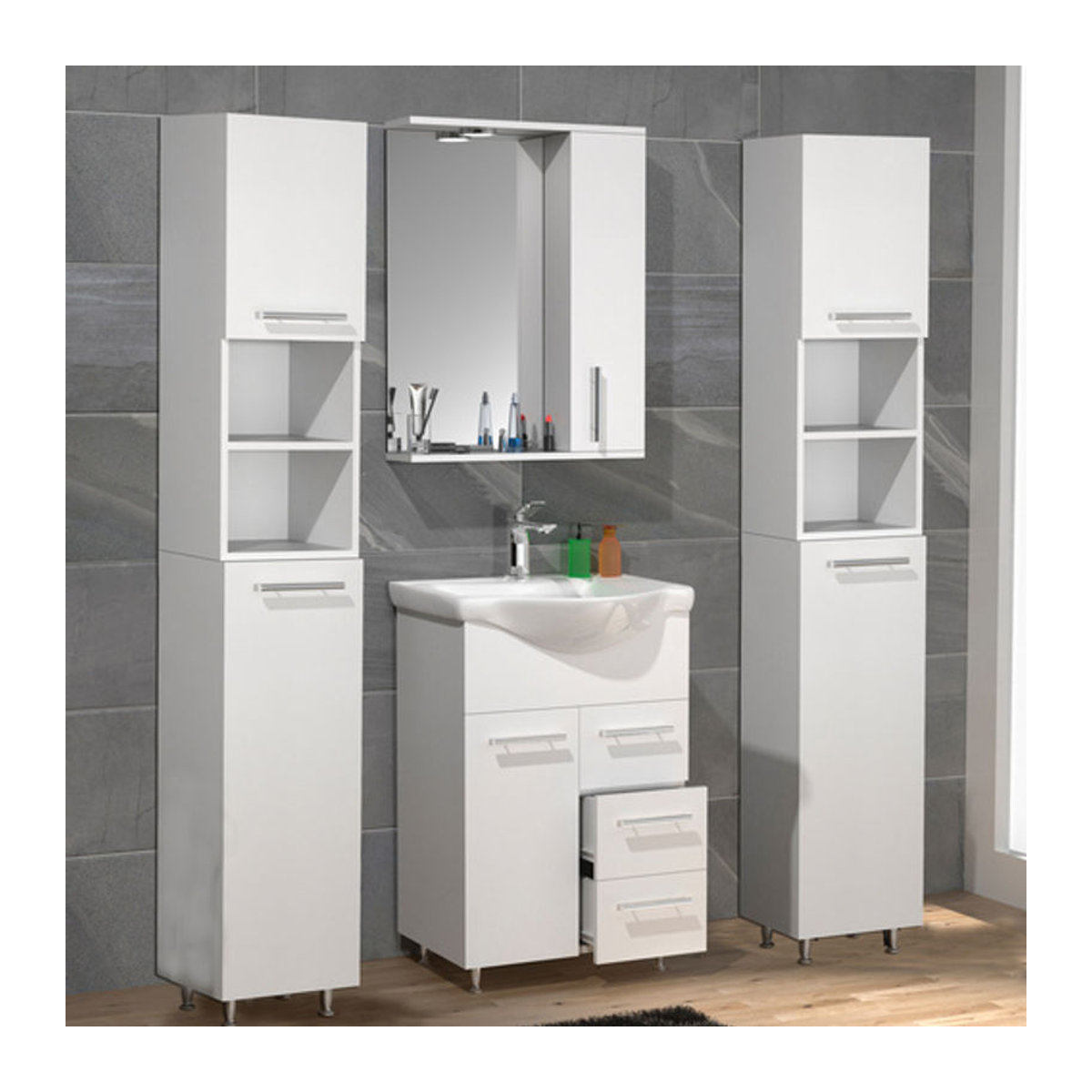 VCM Badmöbel Set Lisalo L in Weiß, 5-teiliges Komplettset mit Keramik-Waschbecken, Waschtischunterschrank Breite: 55 cm, 2x Hochschrank und Spiegelschrank, modern und freistehend - Bild 2