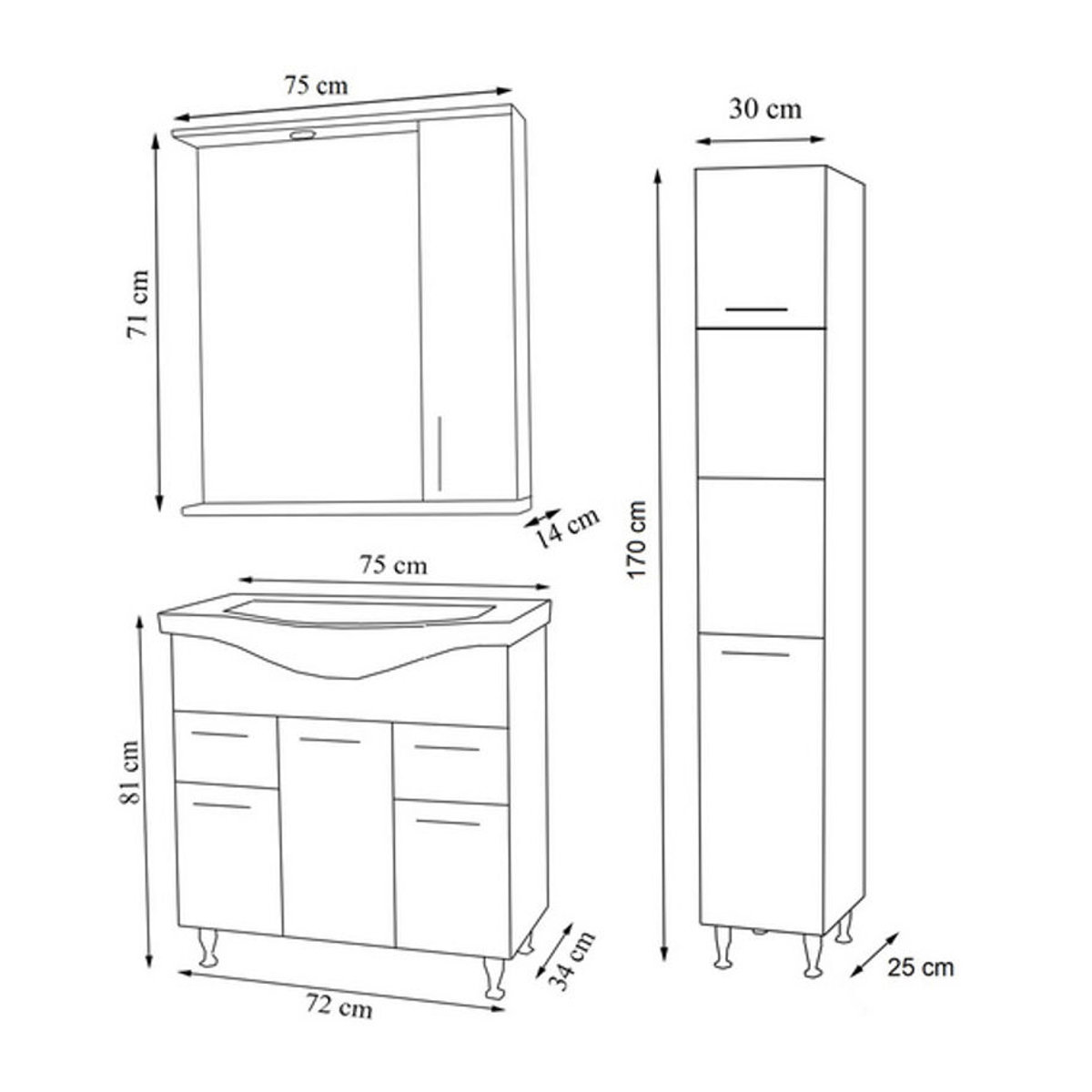 VCM Badmöbel-Set Lisalo XL in Weiß, 4-teiliges Waschplatz-Set mit Keramik-Waschbecken, Spiegelschrank, Hochschrank und Unterschrank mit Breite: 75 cm - Bild 1