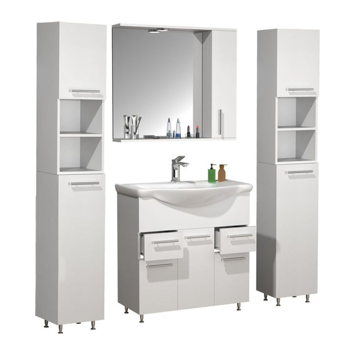 VCM Badmöbel Set Lisalo XL in Weiß, 5-tlg. freistehendes Waschplatz-Komplettset mit Keramik-Waschbecken, Waschtischunterschrank 75 cm, Spiegelschrank und 2 Hochschränken - Bild 1