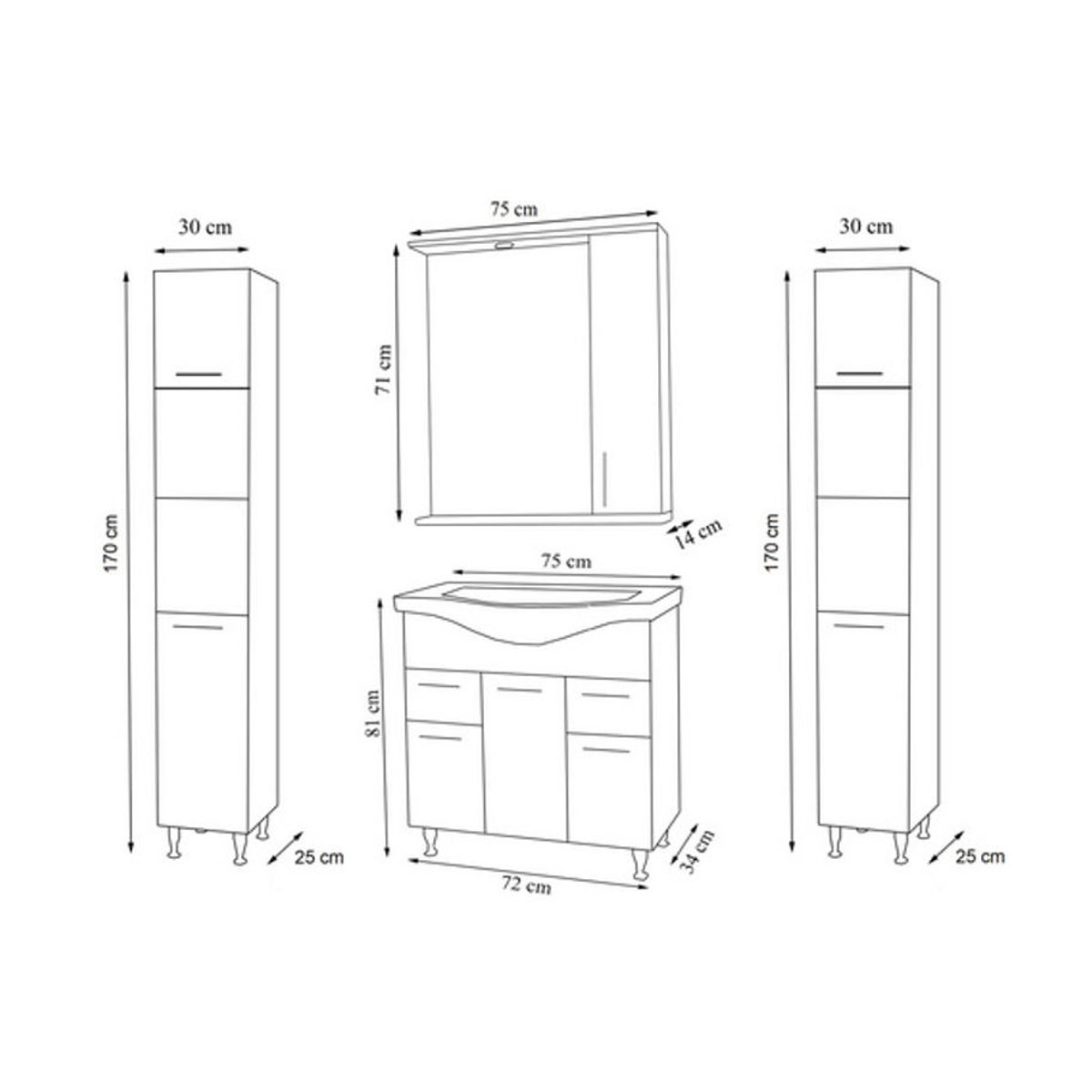 VCM Badmöbel Set Lisalo XL in Weiß, 5-tlg. freistehendes Waschplatz-Komplettset mit Keramik-Waschbecken, Waschtischunterschrank 75 cm, Spiegelschrank und 2 Hochschränken - Bild 2