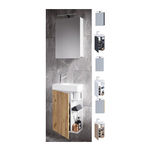 VCM Badmöbel Set Lumia 3-teilig in Eiche Natur mit Keramik-Waschtisch und Spiegelschrank zur Wandmontage, Breite: 40 cm, Tiefe: 22 cm, Höhe: 70 cm