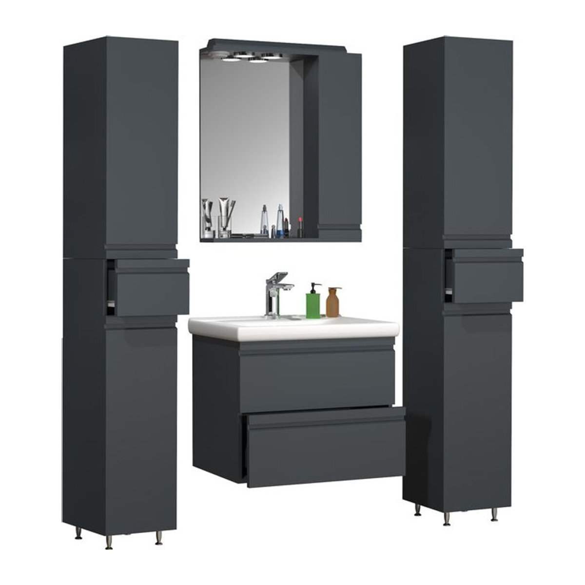 VCM Badmöbel Set Silora L 5-tlg. mit Keramik Waschbecken, Waschtisch Unterschrank 60 cm, Spiegelschrank und 2x Hochschrank - Bild 1