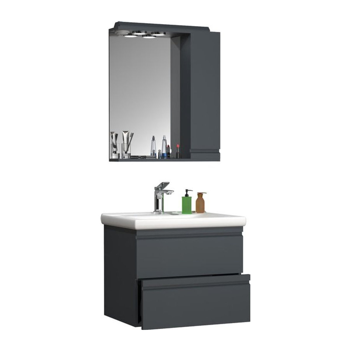 VCM Badmöbel Set Silora L in Anthrazit, 3-teiliges Waschplatz Set mit Keramik Waschbecken, Spiegelschrank und Unterschrank mit 60 cm Breite - Bild 1