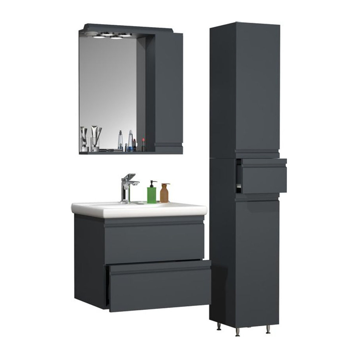 VCM Badmöbel Set Silora L in Anthrazit, 4-teilig mit Keramik-Waschtisch 60 cm, Spiegelschrank, Hochschrank und grifflosen Schubladen, freistehend - Bild 1