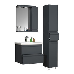 VCM Badmöbel Set Silora L in Anthrazit, 4-teilig mit Keramik-Waschtisch 60 cm, Spiegelschrank, Hochschrank und grifflosen Schubladen, freistehend