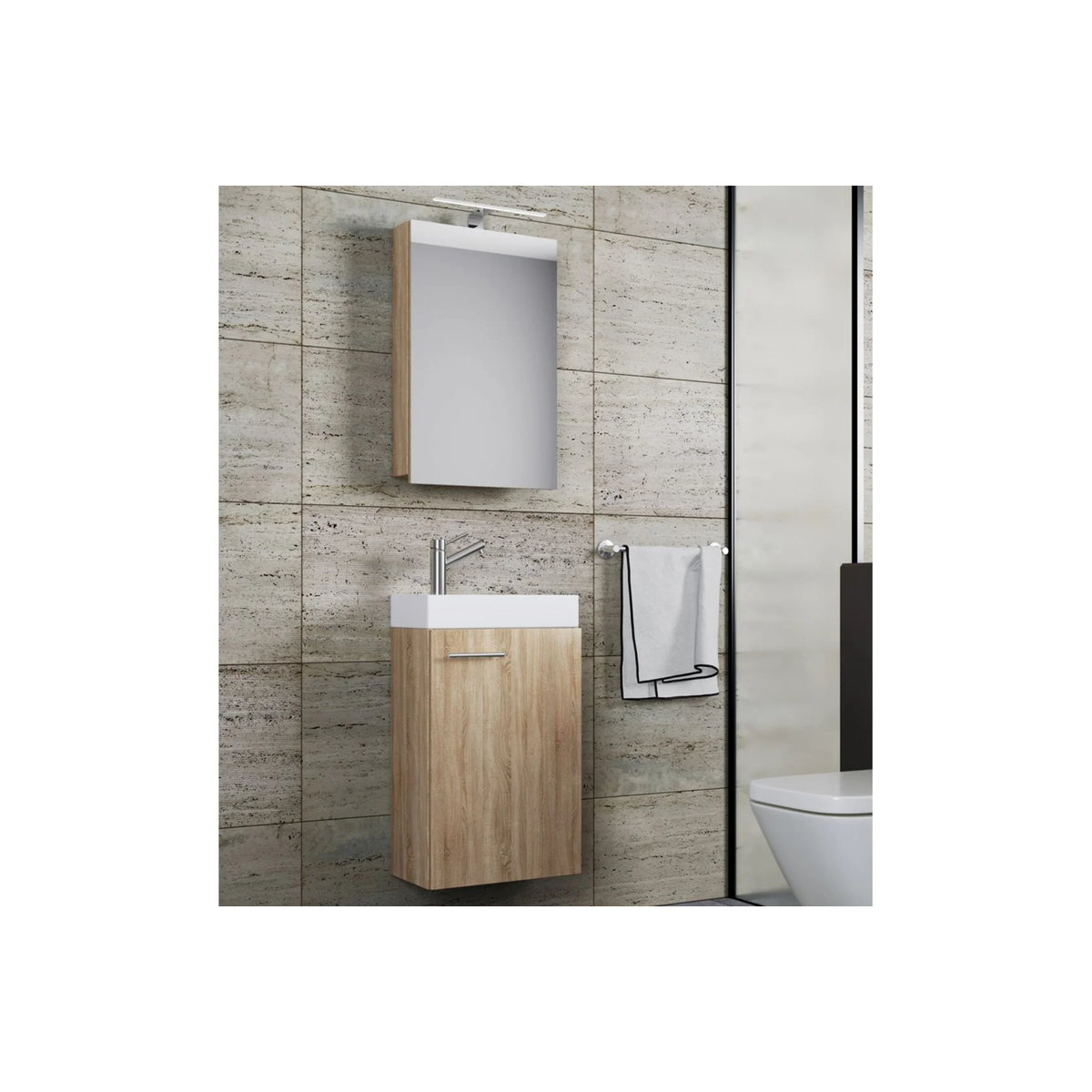 VCM Badmöbel-Set Slito 3-teilig für Gäste-WC in Eiche Natur mit Keramik-Waschtisch und Spiegelschrank B/H/T: 41 x 130 x 22,77 cm - Bild 3