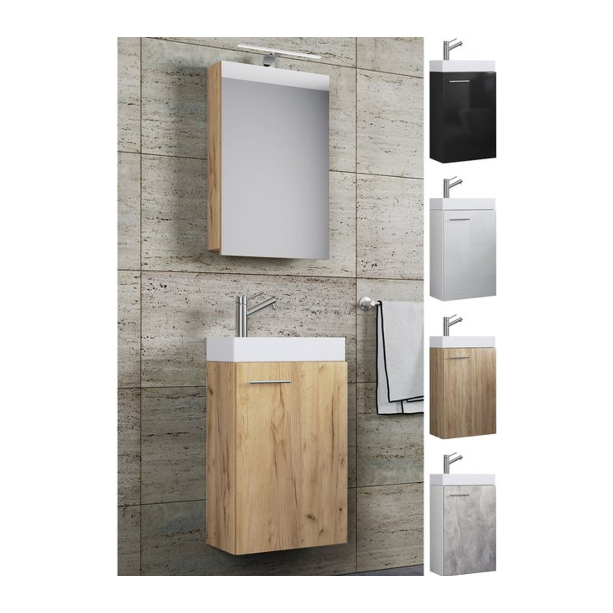 VCM Badmöbel-Set Slito 3-teilig für Gäste-WC in Eiche Natur mit Keramik-Waschtisch und Spiegelschrank B/H/T: 41 x 130 x 22,77 cm - Bild 4