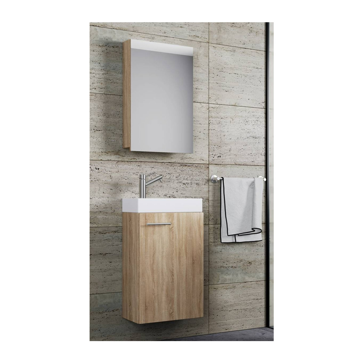 VCM Badmöbel-Set Slito 3-teilig für Gäste-WC in Eiche Natur mit Keramik-Waschtisch und Spiegelschrank B/H/T: 41 x 130 x 22,77 cm - Bild 6