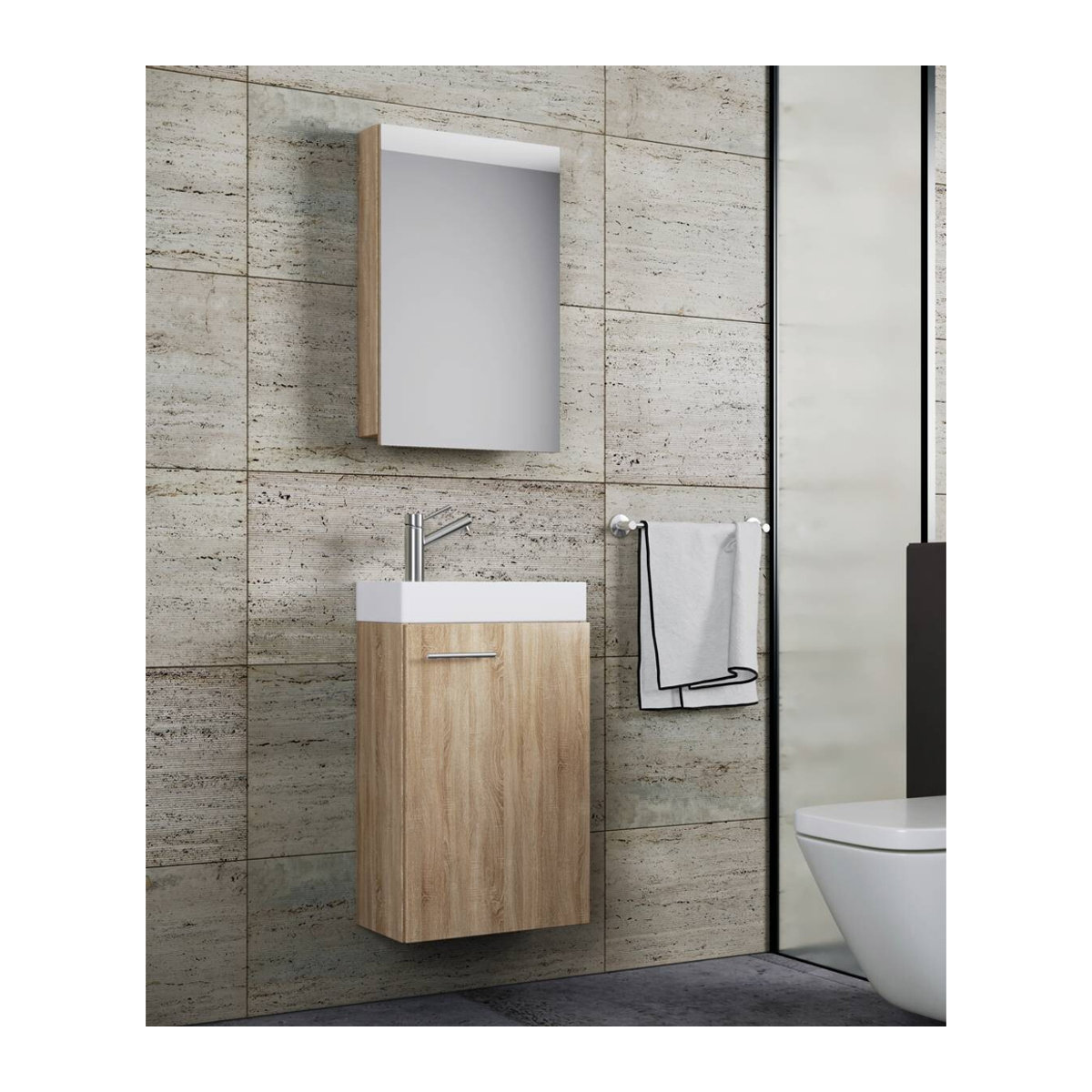 VCM Badmöbel-Set Slito 3-teilig für Gäste-WC in Eiche Natur mit Keramik-Waschtisch und Spiegelschrank B/H/T: 41 x 130 x 22,77 cm - Bild 7