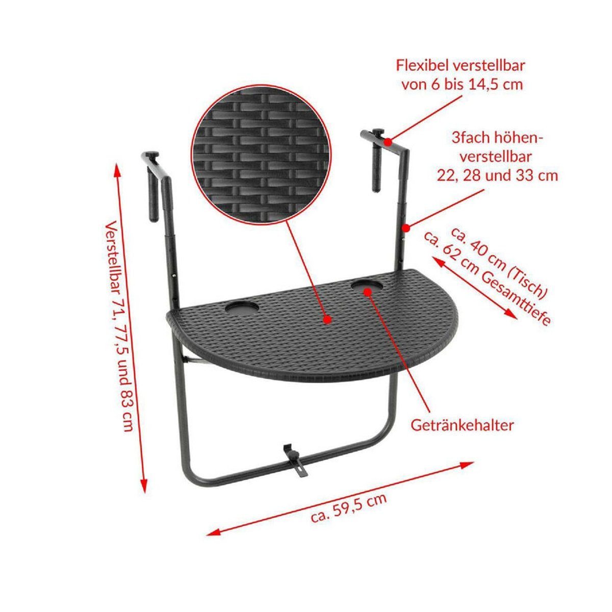 VCM Balkonhängetisch aus Polyrattan in Schwarz B/H/T: 59 x 83 x 63 cm - Bild 3
