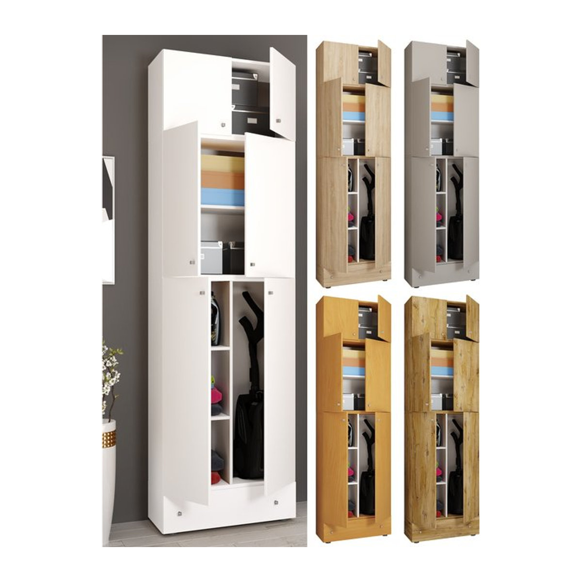 VCM Besenschrank Lona in Weiß aus Holz mit 6 Fächern, 2 Türen und einer Schublade, H x B x T: 240 x 70 x 39 cm - Bild 1