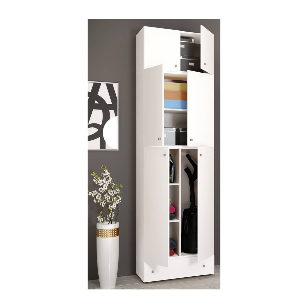 VCM Besenschrank Lona in Weiß aus Holz mit 6 Fächern, 2 Türen und einer Schublade, H x B x T: 240 x 70 x 39 cm - Bild 3