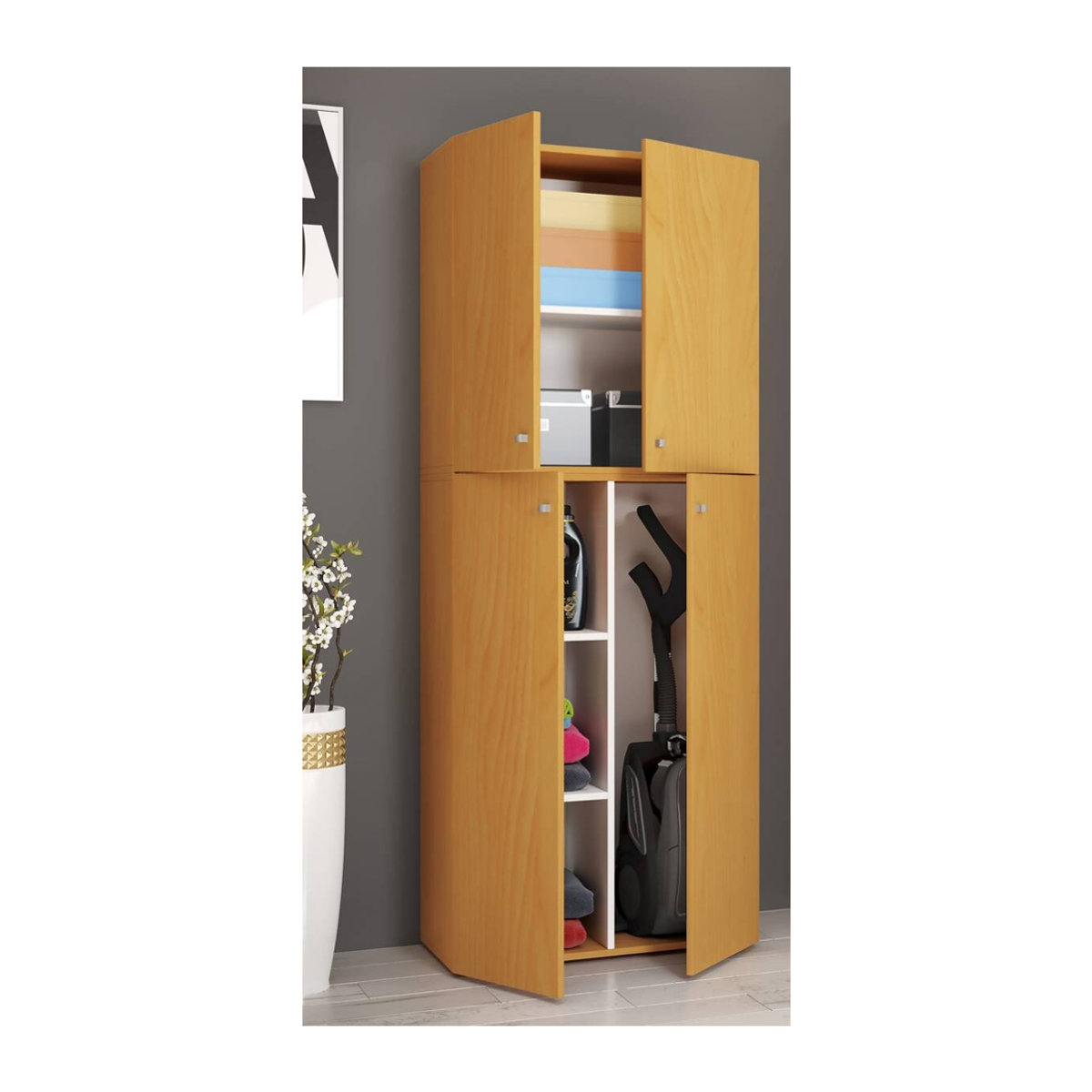 VCM Besenschrank Lona Putzschrank mit Drehtüren in Buche Nachbildung und Weiß B/H/T: 70 x 182 x 40 cm - Bild 3