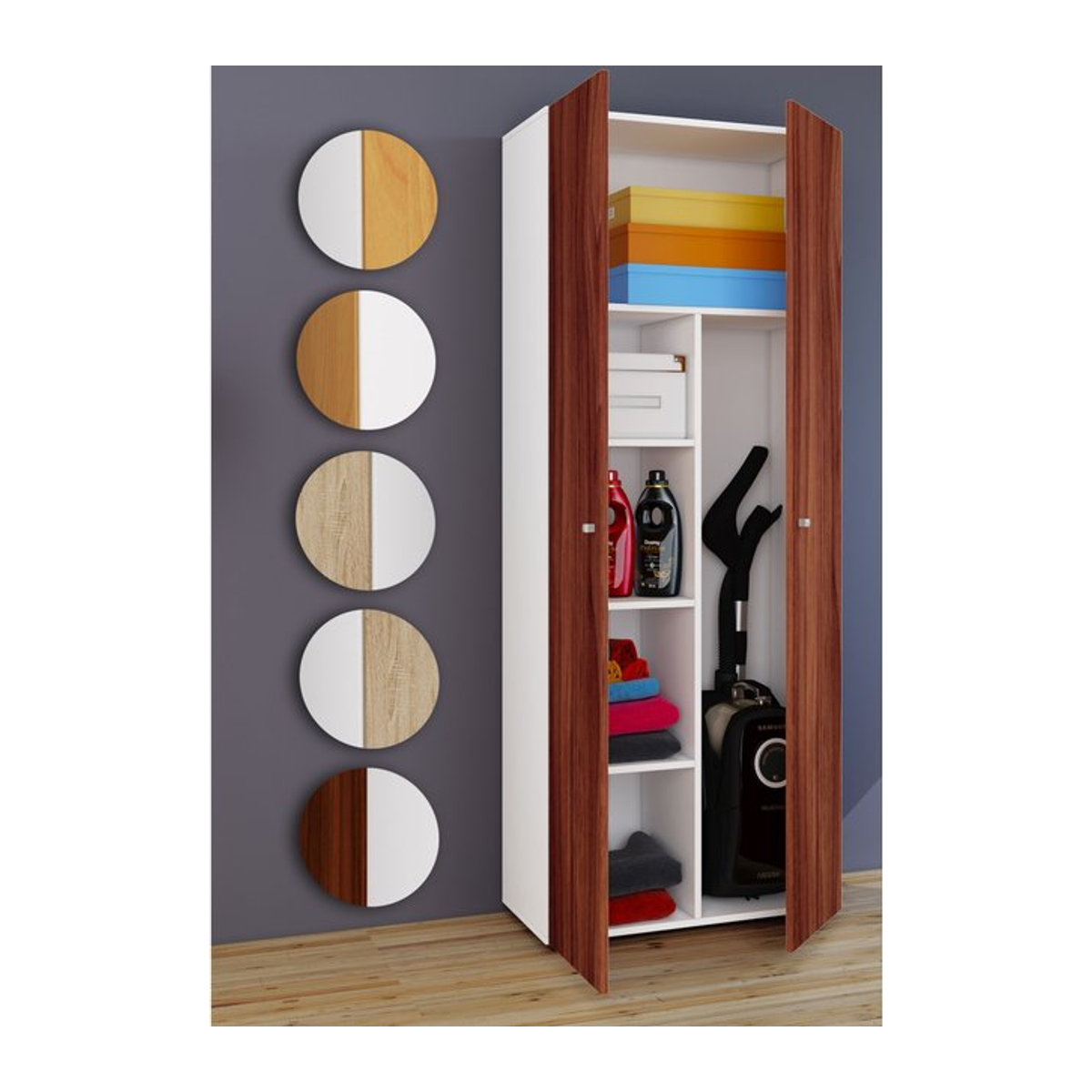 VCM Besenschrank mit 6 Fächern und Drehtüren, Mehrzweckschrank aus Metall in Weiß, B/T/H: 70 x 40 x 178 cm - Bild 1