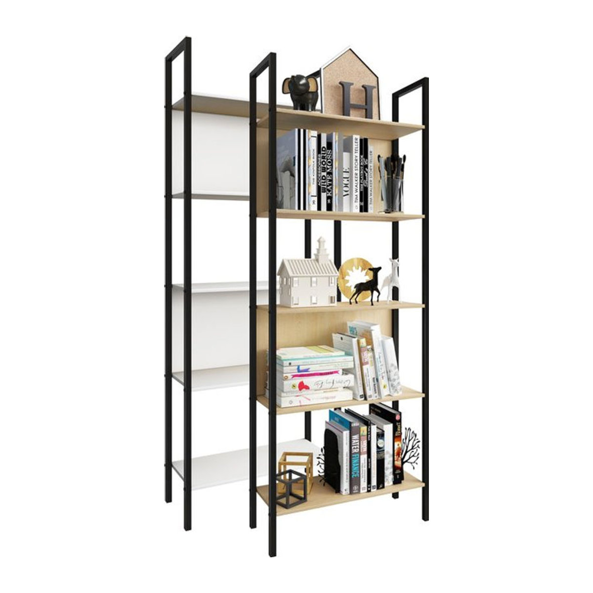 VCM Bücherregal Flakos 5 im Industrial Design aus Holz und Metall, Schwarz/Weiß, H x B x T: 165 x 62 x 24 cm - Bild 1