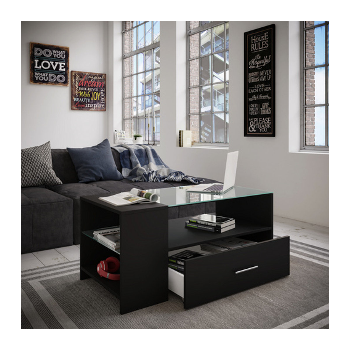 VCM Couchtisch Tindala Modern in Schwarz aus Holzwerkstoff und Glas, B/T/H: 50 x 50 x 45 cm - Bild 2