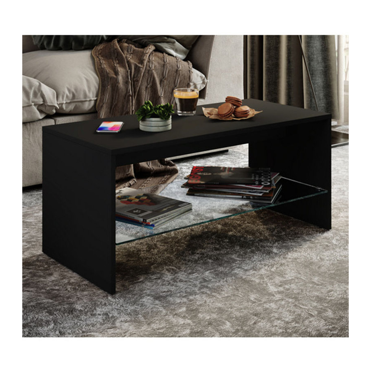 VCM Couchtisch Wisal Modern in Schwarz aus Holzwerkstoff und Glas, B/T/H: 40 x 40 x 90 cm - Bild 2