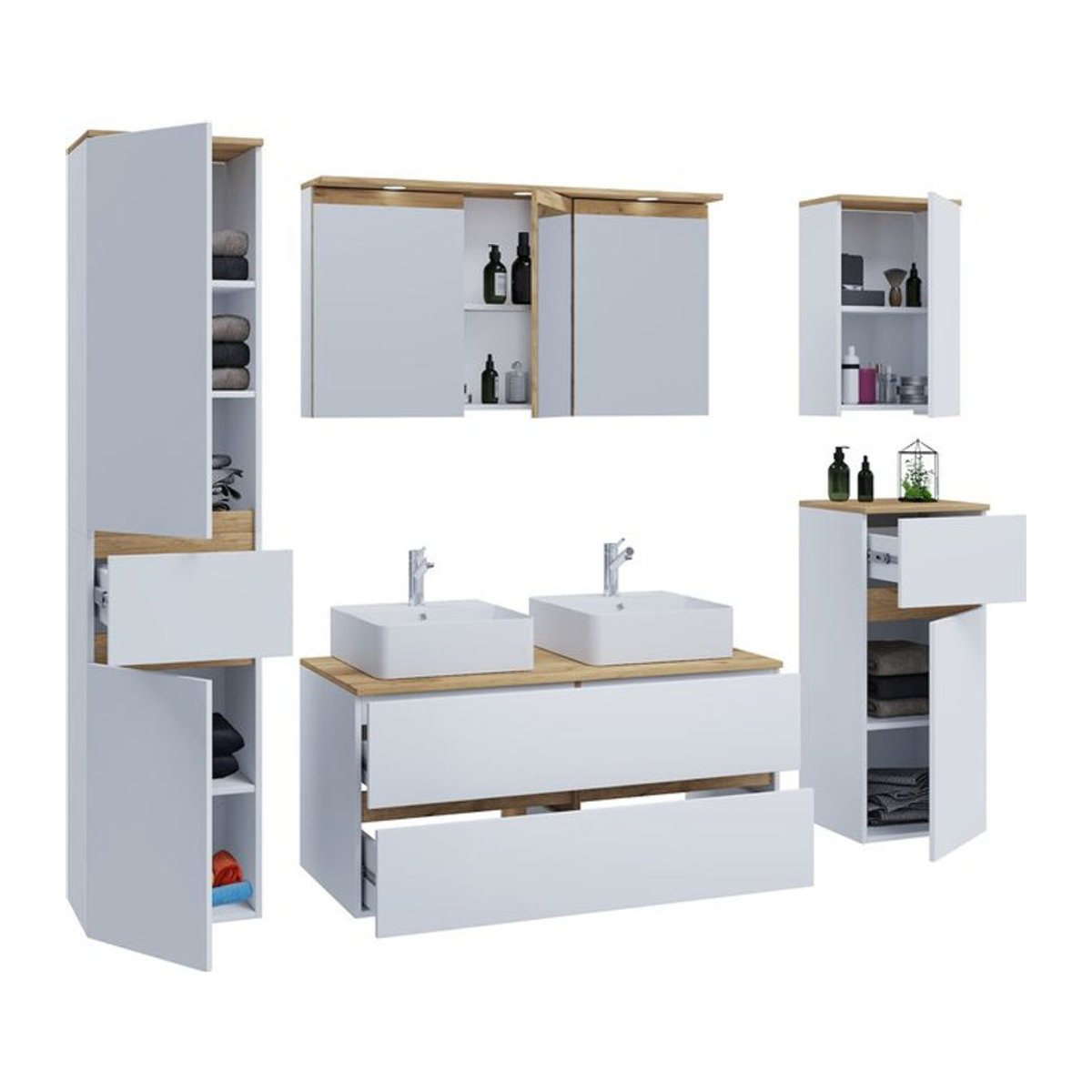 VCM Doppelwaschtisch Cosila 7-teiliges Badmöbel-Set in Weiß mit 2 Keramikbecken, Spiegelschrank mit Beleuchtung und Steckdose, Badschrank und Hängeschrank, B/T/H: 111 x 51 x 51 cm - Bild 1