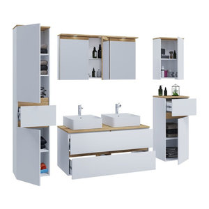 VCM Doppelwaschtisch Cosila 7-teiliges Badmöbel-Set in Weiß mit 2 Keramikbecken, Spiegelschrank mit Beleuchtung und Steckdose, Badschrank und Hängeschrank, B/T/H: 111 x 51 x 51 cm