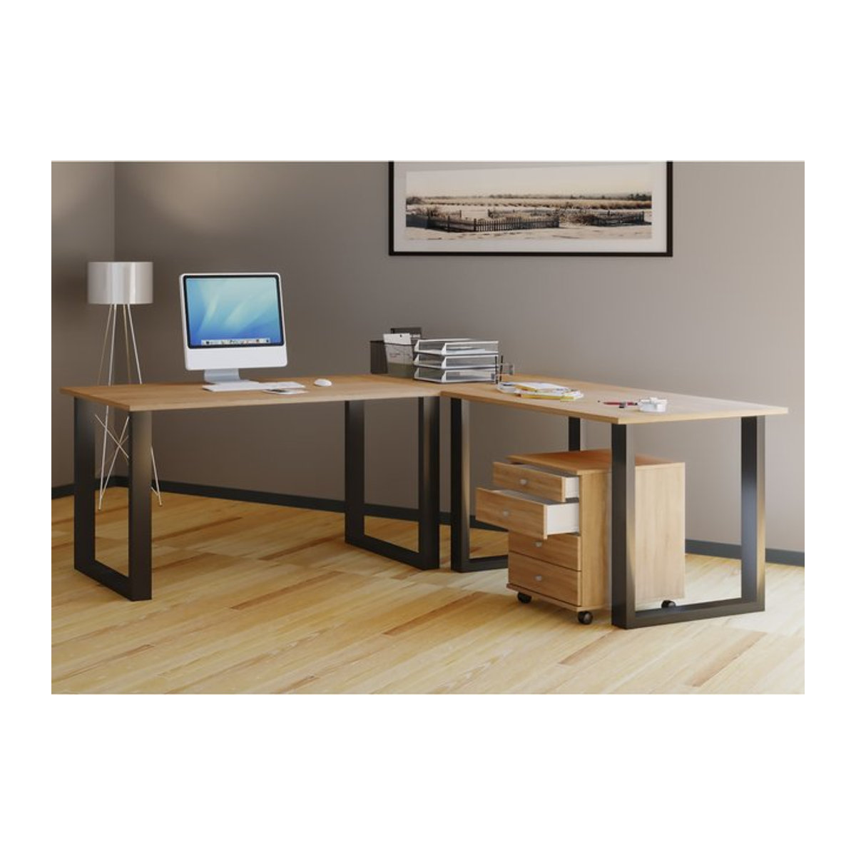 VCM Eckschreibtisch Lona in Braun aus Holz und Metall, B/T/H: 220 x 80 x 76 cm - Bild 1