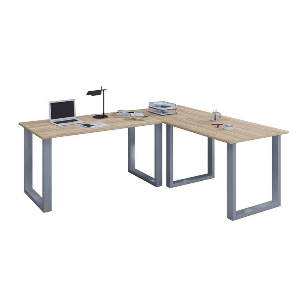 VCM Eckschreibtisch Lona U in Eiche Natur und Silber, minimalistischer Schreibtisch aus Holz und Metall, B: 190 cm, T: 50 cm, H: 76 cm - Bild 1