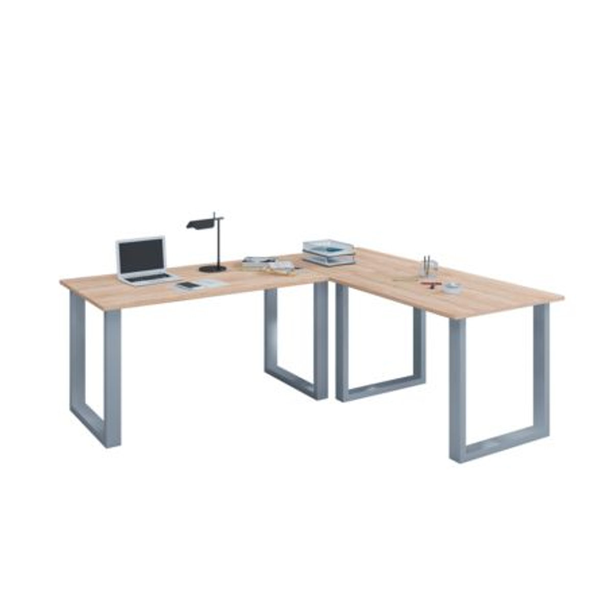VCM Eckschreibtisch Lona U in Eiche Natur und Silber, minimalistischer Schreibtisch aus Holz und Metall, B: 190 cm, T: 50 cm, H: 76 cm - Bild 2