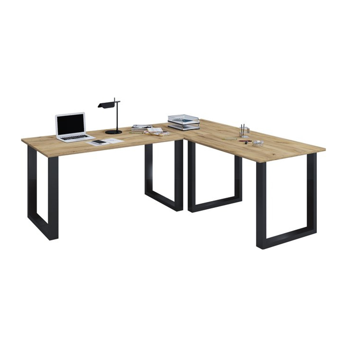 VCM Eckschreibtisch Lona U in Holzoptik Braun, L-Form Arbeitsplatz mit Metallgestell, B/T/H: 160 x 80 x 160 cm - Bild 1