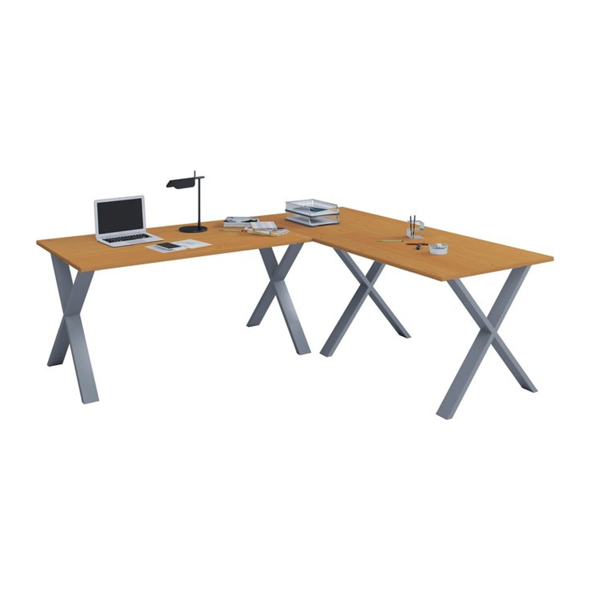 VCM Eckschreibtisch Lona X in Braun, L-Form Arbeitstisch aus Holz und Metall, B/T/H: 130 x 50 x 130 cm - Bild 1